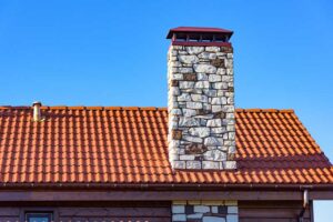 Large masonry chimney on a tiled roof