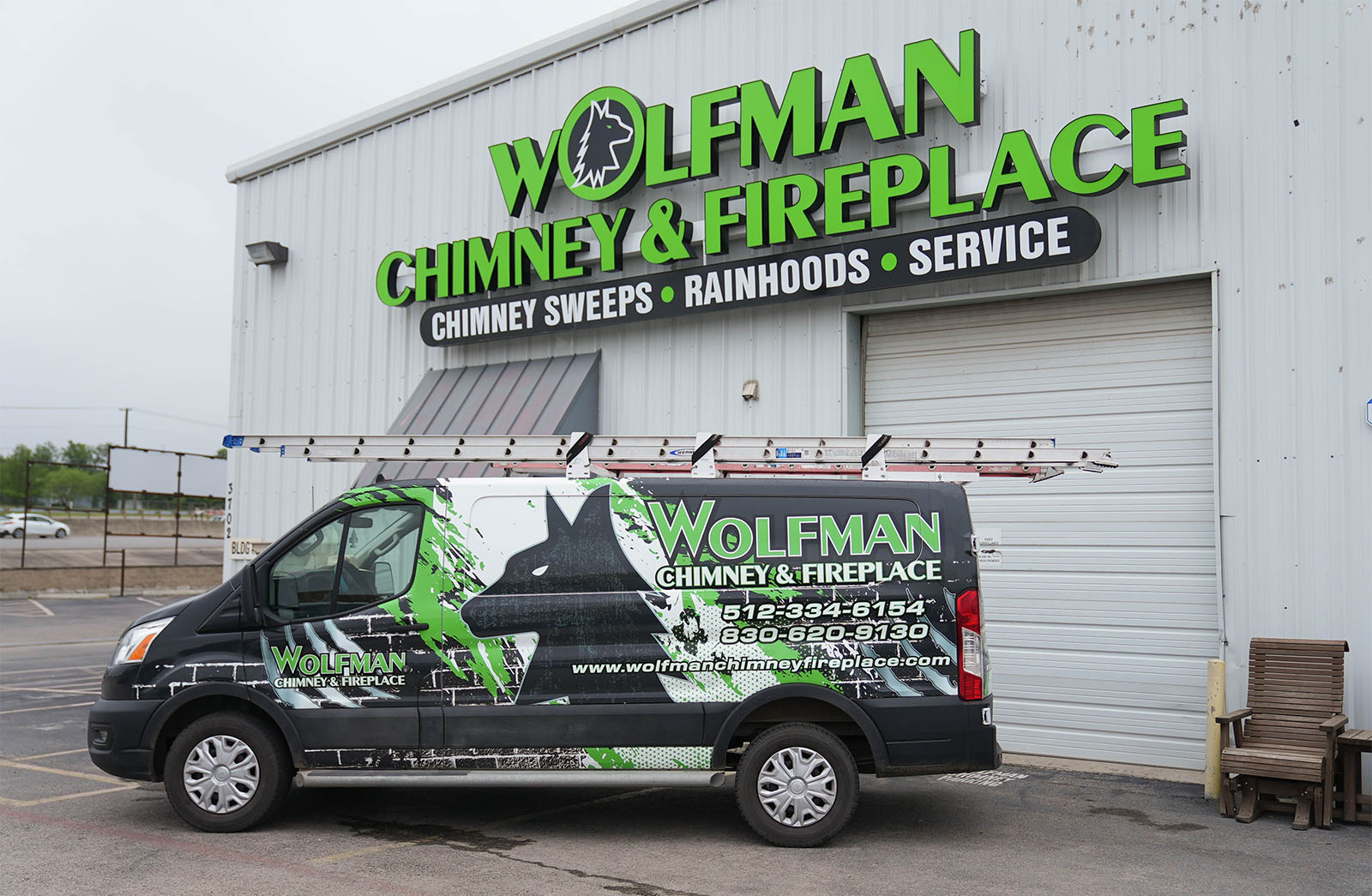 Wolfman vehicle in front of the Wolfman building