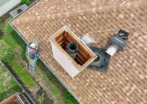 Chimney technicians on the roof performing installation wearing harnesses and helmets.